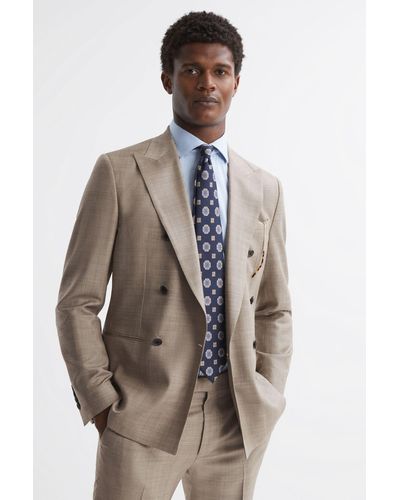 Reiss Abbey - Oatmeal Slim Fit Double Breasted Checked Blazer - Brown