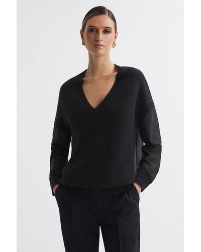 Reiss Shelly - Black Hybrid Knit And Sheer V-neck Sweater