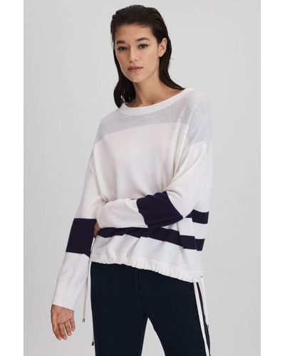 Reiss Allegra - White/grey Wool Blend Striped Crew Neck Sweater