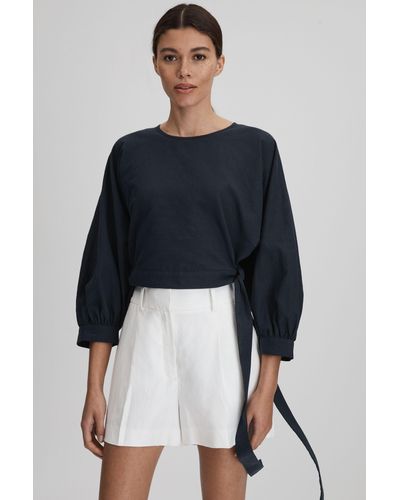 Reiss Immy - Navy Cropped Blouson Sleeve Top - Blue
