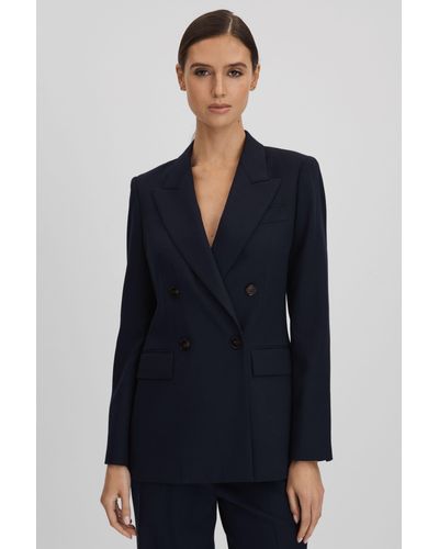 Reiss Harley - Navy Wool Blend Double Breasted Suit Blazer - Blue