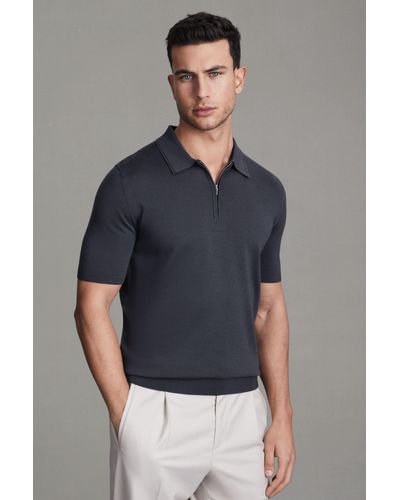Reiss Maxwell - Blue Smoke Merino Wool Half-zip Polo Shirt, M - Gray