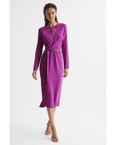Reiss Valentina Asymmetric Tied-waist Stretch-woven Midi Dress - Purple
