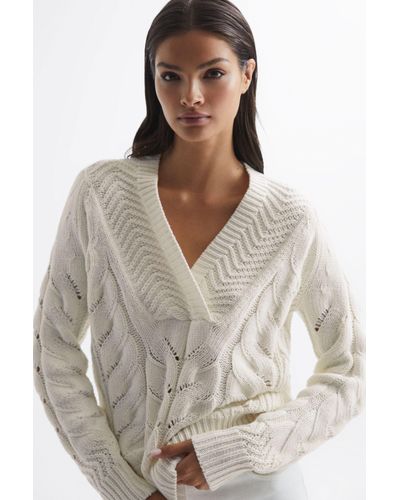 Reiss Claudine - Ivory Cable Knit Shawl Neck Sweater, L - White