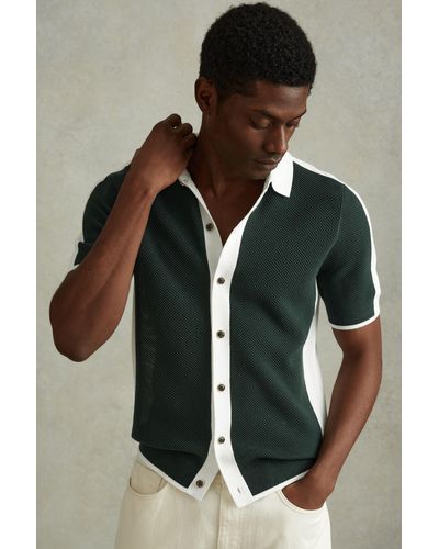 Reiss Misto - Green/optic White Cotton Blend Open Stitch Shirt - Multicolor