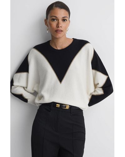 Reiss Sydney - Black/ivory Cashmere-wool Blend Crew Neck Sweater - White