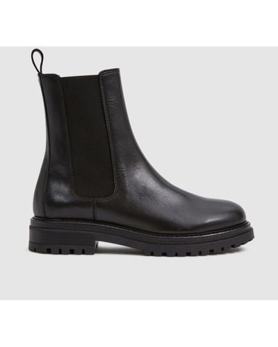 Reiss Thea - Black Boots Leather Pull On Chelsea Boots, Us 9.5