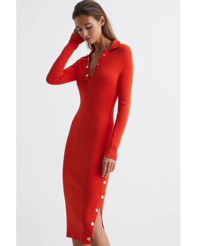 Reiss Rita - Coral Knitted Bodycon Midi Dress, L - Red