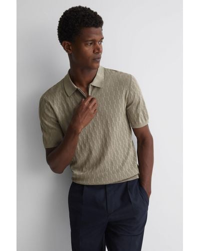 Reiss Ubud - Taupe Half-zip Textured Polo T-shirt - Gray