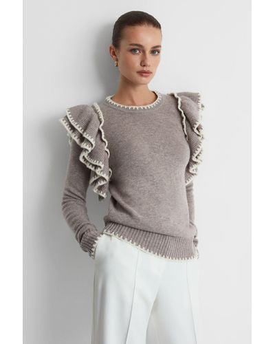 Madeleine Thompson Dark Oatmeal Wool-cashmere Ruffle Crew Neck Sweater - Gray