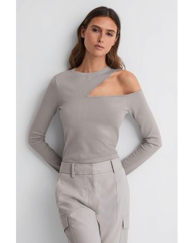 Reiss Lucille - Stone Fitted Cut-out Long Sleeve Top - Gray
