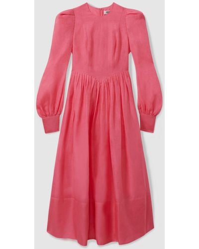 LEO LIN Leo Silk-linen Bishop Sleeve Midi Dress - Pink