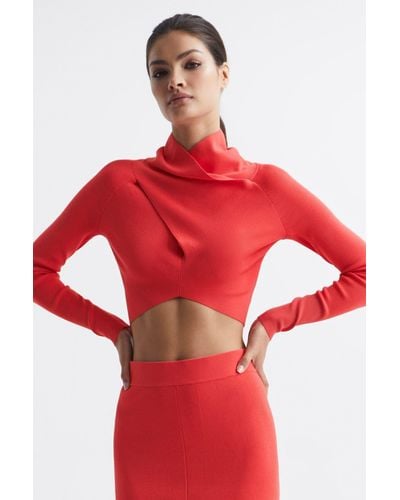 Reiss Elsie - Coral High Neck Cropped Co Ord Top, L - Red