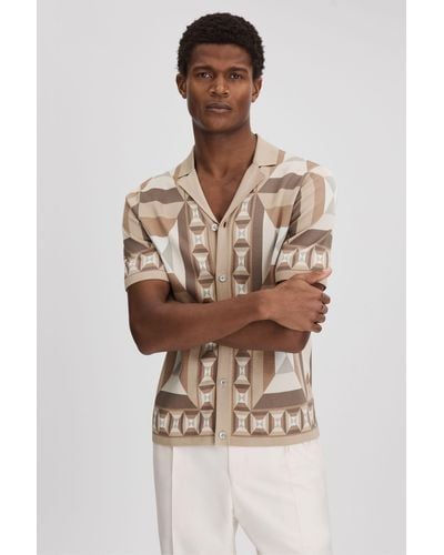 Reiss Beresford - Camel Multi Knitted Cuban Collar Shirt - White