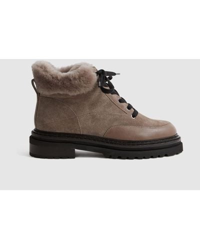 Reiss Leonie - Mink Suede Faux Fur Hiking Boots, Uk 6 Eu 39 - Brown