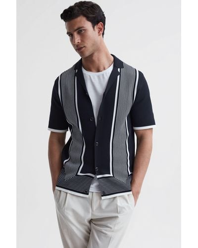 Reiss Heath - Navy/white Striped Cuban Collar Shirt, Xs - Blue