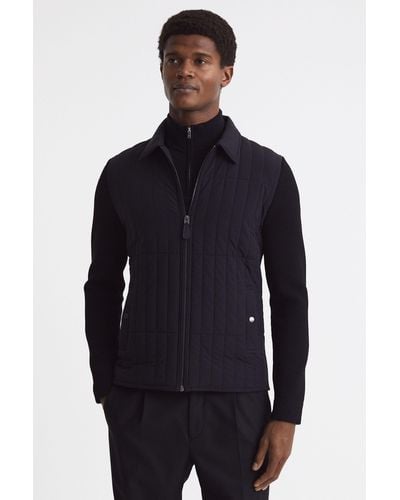 Reiss Tosca - Black Hybrid Knit And Quilt Jacket - Blue