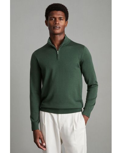 Reiss Blackhall - Hunting Green Merino Wool Half-zip Funnel Neck Sweater, M