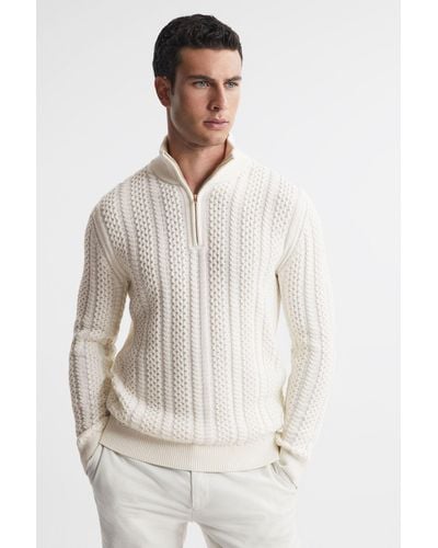 Reiss Bantham - Ecru Cable Knit Half-zip Funnel Neck Sweater - Natural