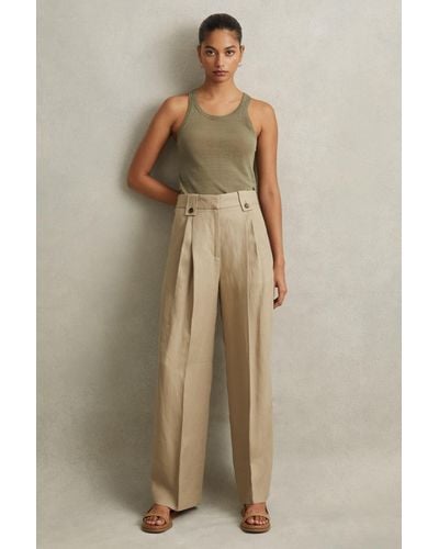 Reiss Leila - Light Khaki Linen Front Pleat Pants - Natural
