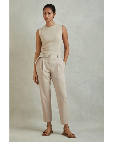Reiss Hutton - Stone Cropped Cotton Blend Belted Pants - Natural