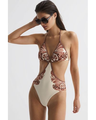 Reiss Natalie - Tan Printed Cut-out Halter Neck Swimsuit, Us 12 - Natural