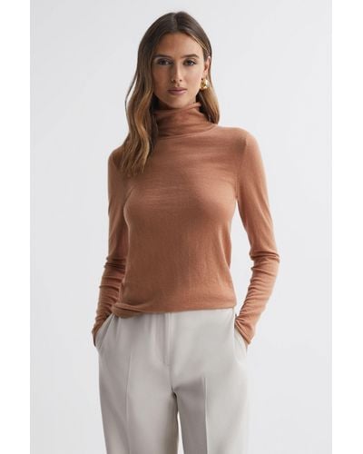 Reiss Emma - Camel Wool-cashmere Roll Neck Top, L - Natural