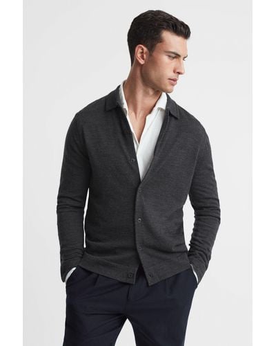 Reiss Forbes - Charcoal Long Sleeve Merino Wool Cardigan - Black