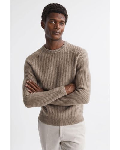 Reiss Millerson - Mouse Melange Wool-cotton Textured Crew Neck Sweater - Brown