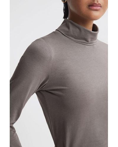 Reiss Piper - Taupe Fitted Roll Neck T-shirt, S - Gray