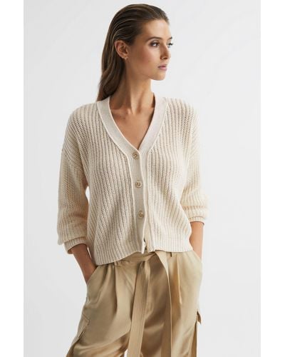 Reiss Adeena - Neutral Cotton-linen Blend Knit Cardigan, Uk X-small - Natural