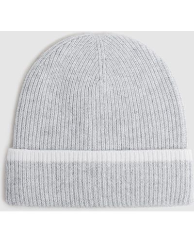 Reiss Hattie - Grey/ecru Wool Ribbed Beanie Hat, One - Gray