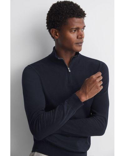 Reiss Bond - Navy Half Zip Funnel Neck Cotton Sweater, Uk 2x-large - Blue