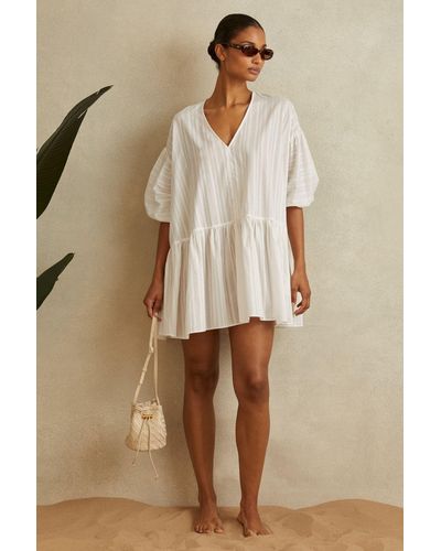 Reiss Hatty - White Cotton Puff Sleeve Resort Dress, S - Natural