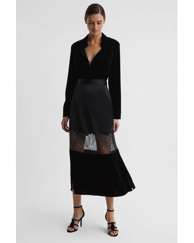 Reiss Tilly - Black Fitted Satin-velvet Midi Skirt