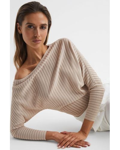 Reiss Sage - Neutral Off-the-shoulder Sheer Detail Sweater, Uk X-small - Brown