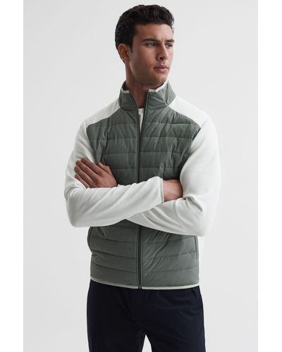 Reiss Player - Sage/white Funnel Neck Hybrid Quilted Jacket, M - Gray