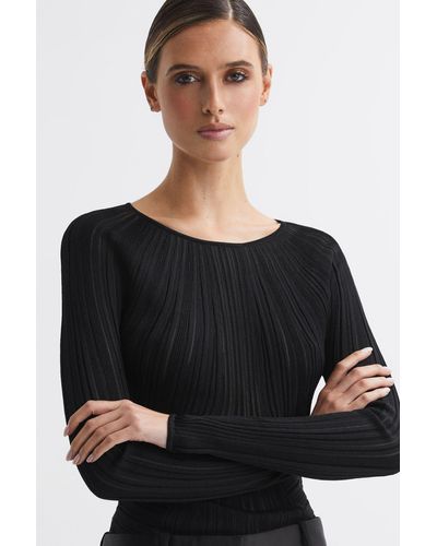 Reiss Lenni - Black Sheer Knitted Long Sleeve Top