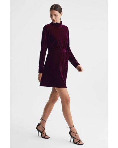 Reiss Essie - Berry Velvet Belted Mini Dress - Purple