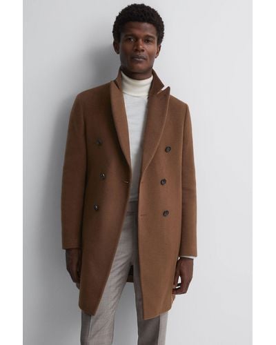 Reiss Timpano - Tobacco Wool Blend Double Breasted Epsom Coat, Xxl - Brown