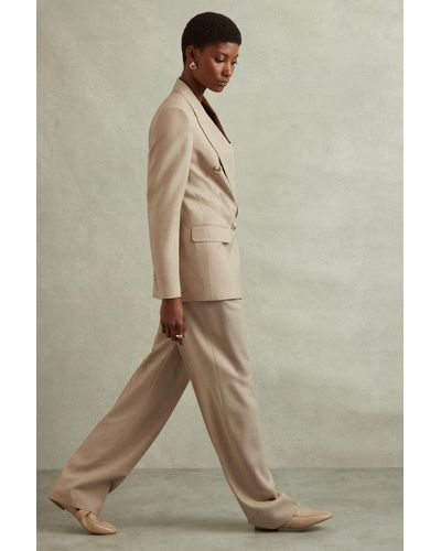 Reiss Sadie - Neutral Wool Double Breasted Suit Blazer - Brown