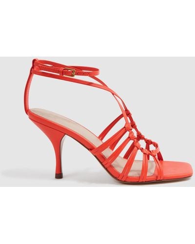 Reiss Eva Strappy Heels - Coral Leather Plain - Red