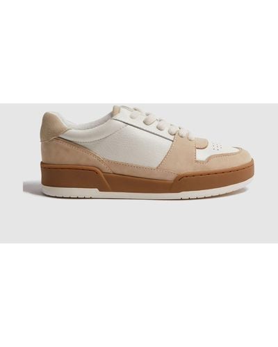 Reiss Frankie Suede Low Cut Sneakers - White, Beige And Brown Leather Colourblock - Gray