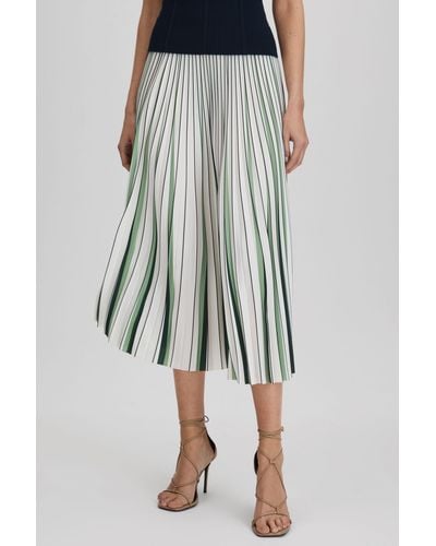Reiss Saige - Green/cream Pleated Striped Midi Skirt, Us 2 - Blue