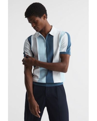 Reiss Herald - Airforce Blue Half Zip Textured Stripe Polo T-shirt