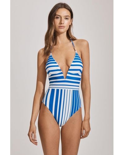 Reiss Lenny - Blue Stripe Striped Plunge Neck Swimsuit
