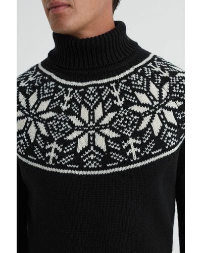 Reiss Abbotsford - Black Knitted Fair Isle Roll Neck Sweater, M