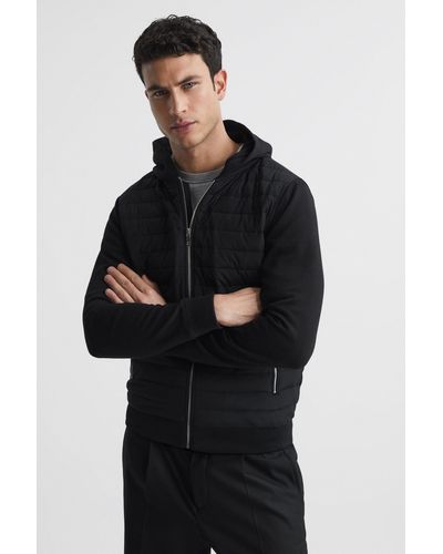 Reiss Taylor - Black Hybrid Zip Quilted Hooded Jacket, M
