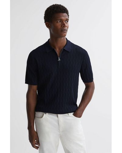 Reiss Ubud - Navy Half-zip Textured Polo T-shirt - Blue