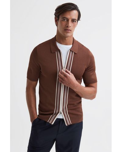 Reiss Castleton - Rust Zip Front Striped Polo Shirt, S - Brown